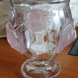 Teleflora Crystal Raised Pink Rose Frosted Heavy Vase Made In France 6 Inches